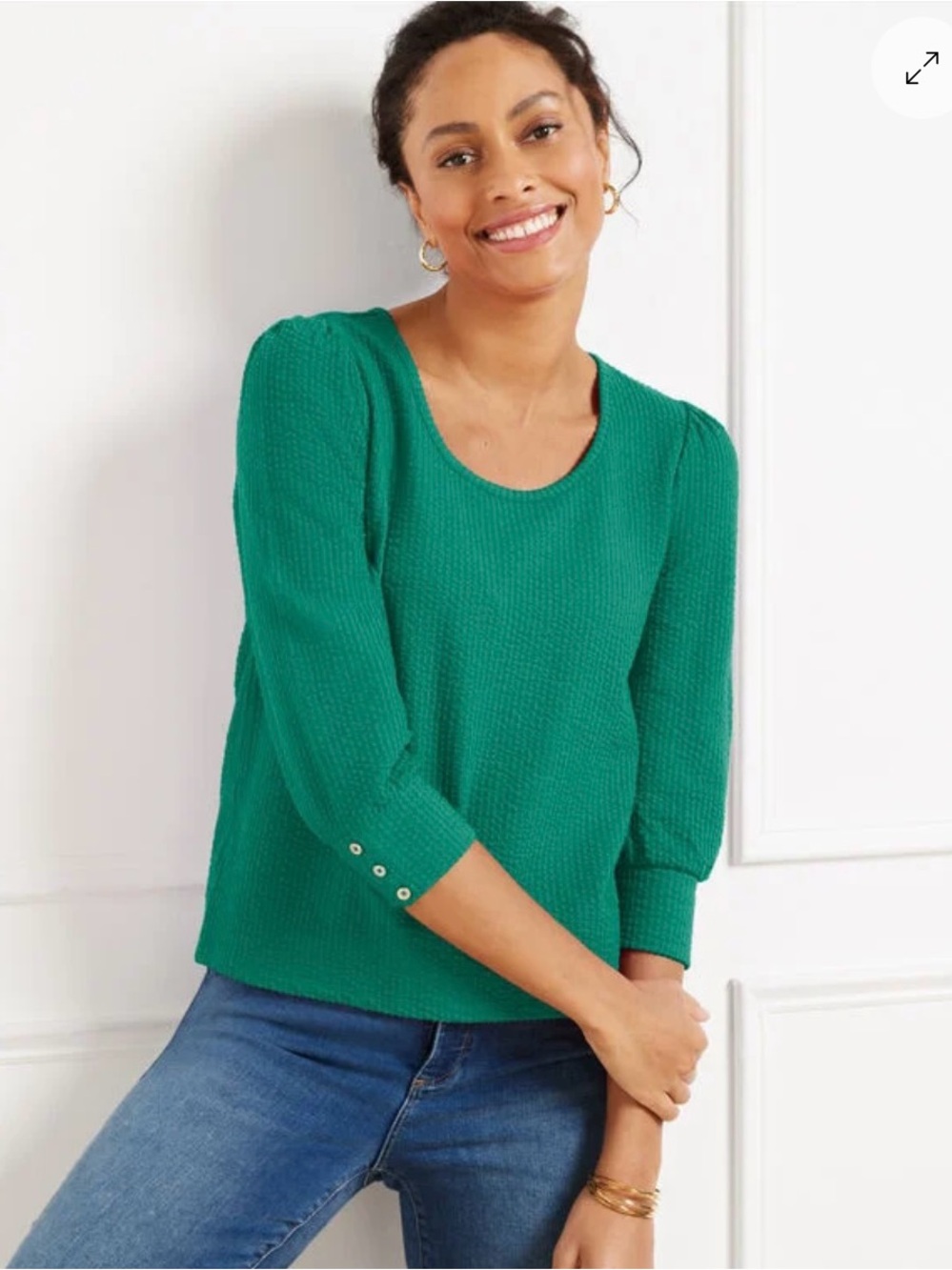 Talbots Teal Textured Puff-Sleeve Long Sleeve Top, Size Lp